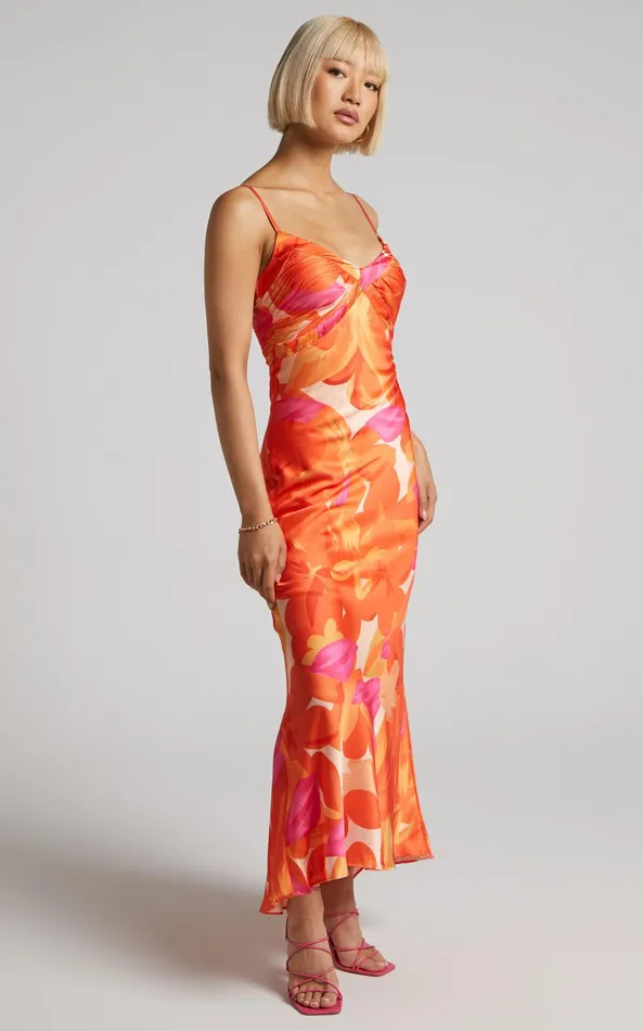 Showpo Erica Maxi Dress 8211 V Neck Satin Slip Dress In Blood Orange Floral Women Dresses