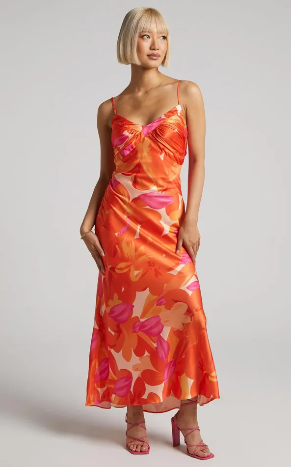 Showpo Erica Maxi Dress 8211 V Neck Satin Slip Dress In Blood Orange Floral Women Dresses