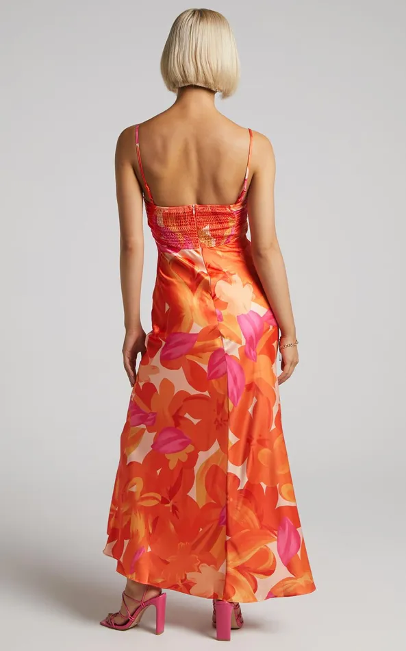 Showpo Erica Maxi Dress 8211 V Neck Satin Slip Dress In Blood Orange Floral Women Dresses