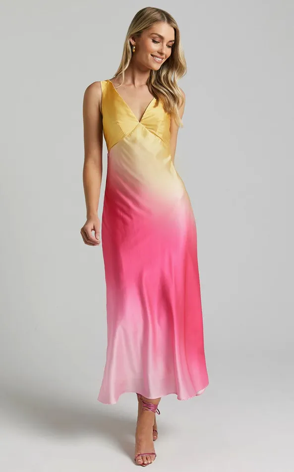 Showpo Erika Midi Dress 8211 V Neck Satin Slip Dress In SUNSET OMBRE Women Dresses