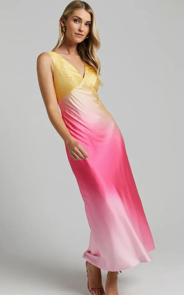 Showpo Erika Midi Dress 8211 V Neck Satin Slip Dress In SUNSET OMBRE Women Dresses