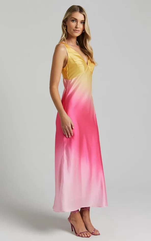 Showpo Erika Midi Dress 8211 V Neck Satin Slip Dress In SUNSET OMBRE Women Dresses