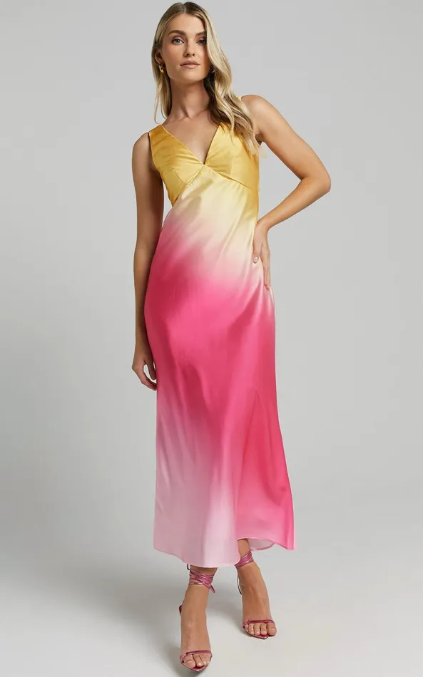 Showpo Erika Midi Dress 8211 V Neck Satin Slip Dress In SUNSET OMBRE Women Dresses