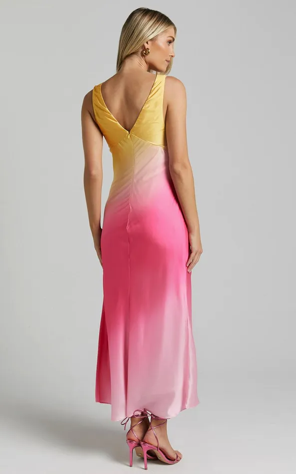 Showpo Erika Midi Dress 8211 V Neck Satin Slip Dress In SUNSET OMBRE Women Dresses