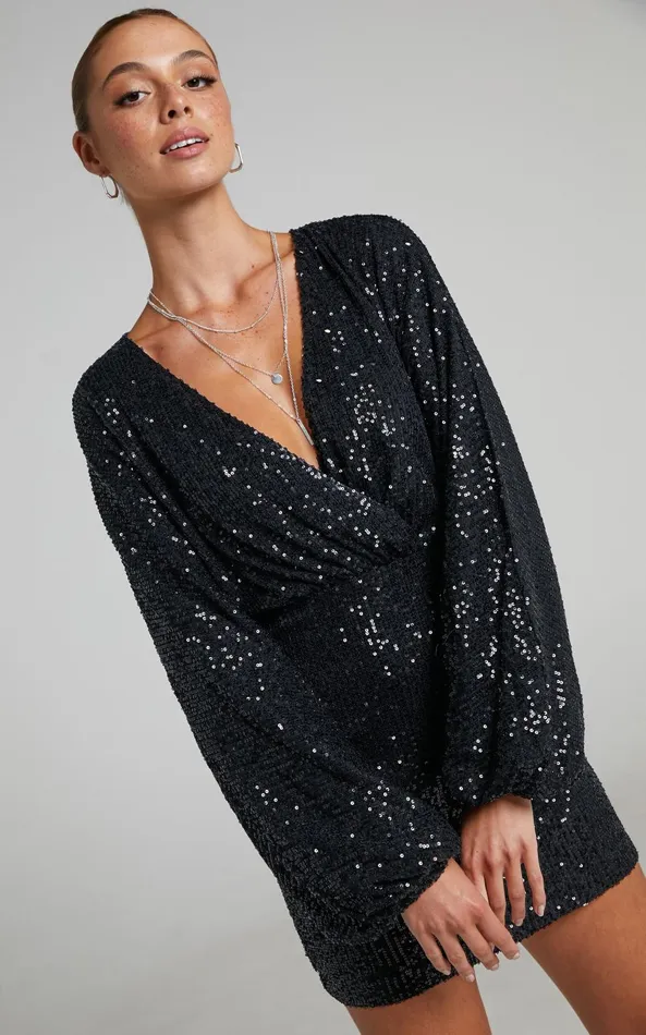 Showpo Erine Mini Dress 8211 Long Sleeve Sequin Dress In Black Women Dresses