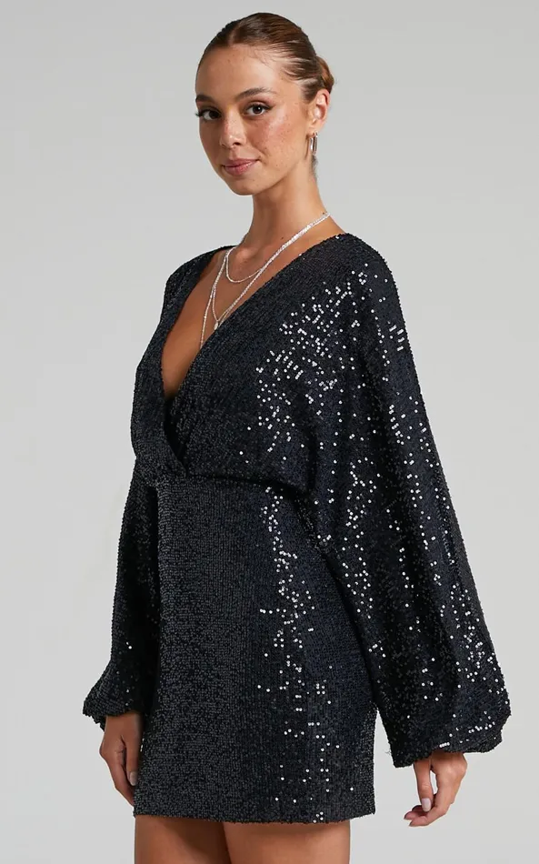 Showpo Erine Mini Dress 8211 Long Sleeve Sequin Dress In Black Women Dresses