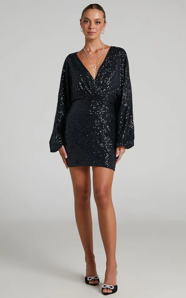 Showpo Erine Mini Dress 8211 Long Sleeve Sequin Dress In Black Women Dresses