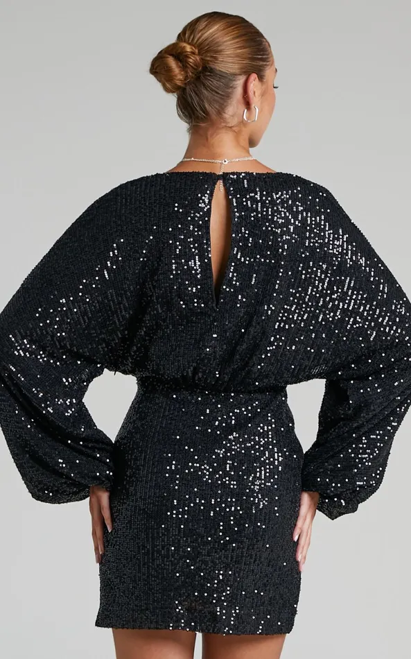 Showpo Erine Mini Dress 8211 Long Sleeve Sequin Dress In Black Women Dresses
