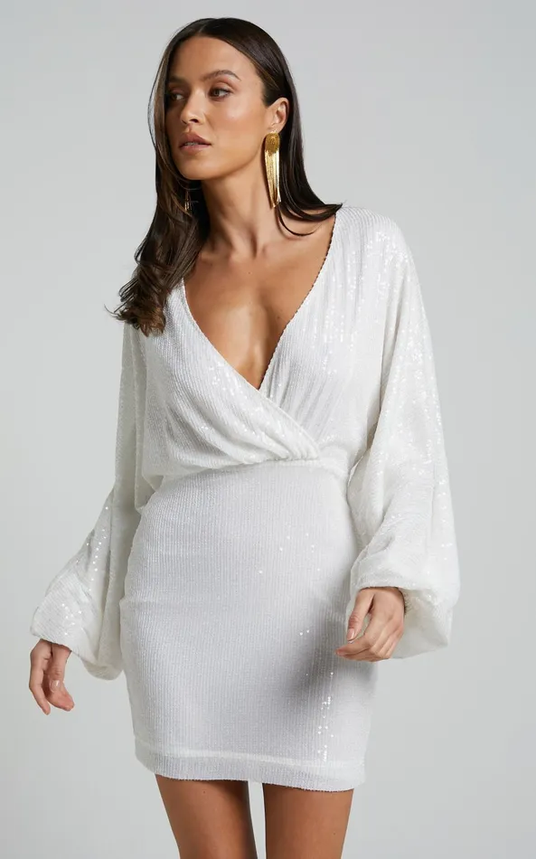 Showpo Erine Mini Dress 8211 Long Sleeve Sequin Dress In White Women Dresses