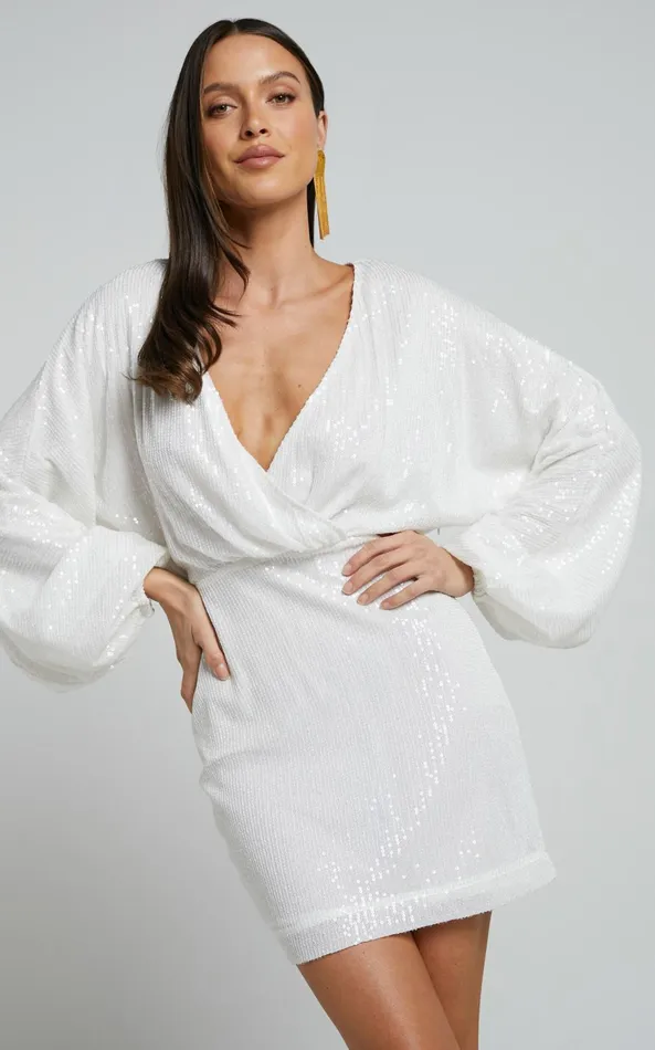 Showpo Erine Mini Dress 8211 Long Sleeve Sequin Dress In White Women Dresses