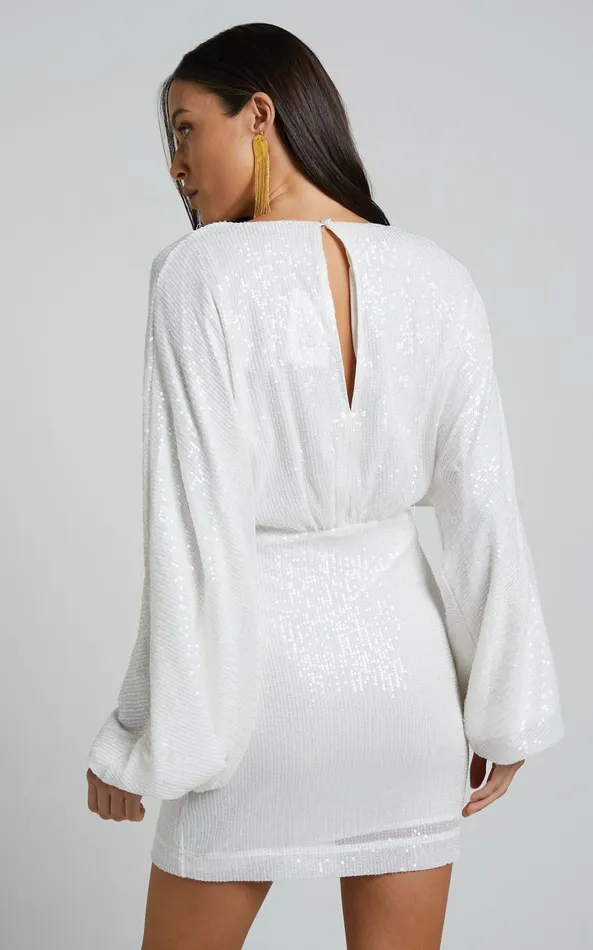 Showpo Erine Mini Dress 8211 Long Sleeve Sequin Dress In White Women Dresses