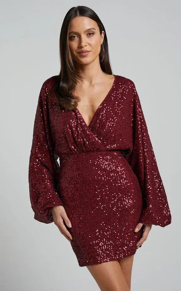 Showpo Erine Mini Dress 8211 Long Sleeve Sequin Dress In Wine Women Dresses