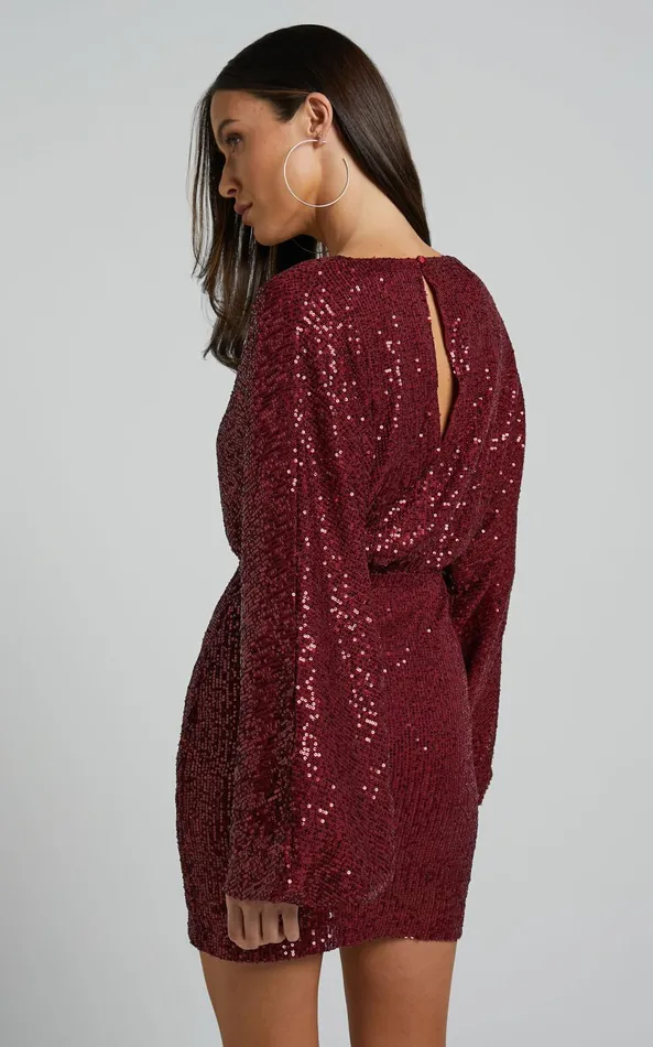 Showpo Erine Mini Dress 8211 Long Sleeve Sequin Dress In Wine Women Dresses