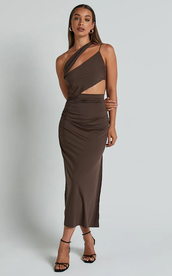 Showpo Erizha Midi Dress 8211 One Shoulder Strappy Ruched Slip Dress In Chocolate Women Dresses Showpo Erizha Midi Dress 8211 One Shoulder Strappy Ruched Slip Dress In Chocolate Women Dresses