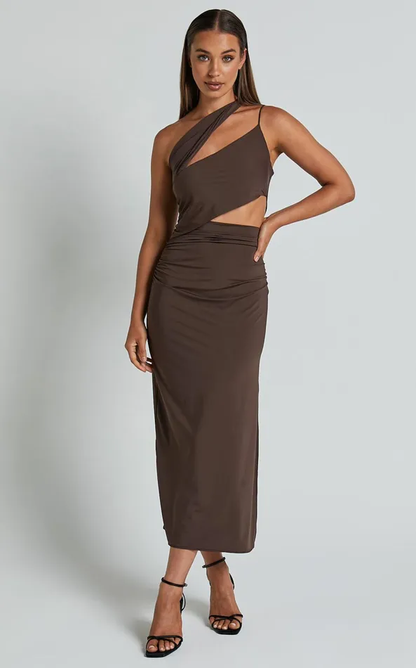 Showpo Erizha Midi Dress 8211 One Shoulder Strappy Ruched Slip Dress In Chocolate Women Dresses
