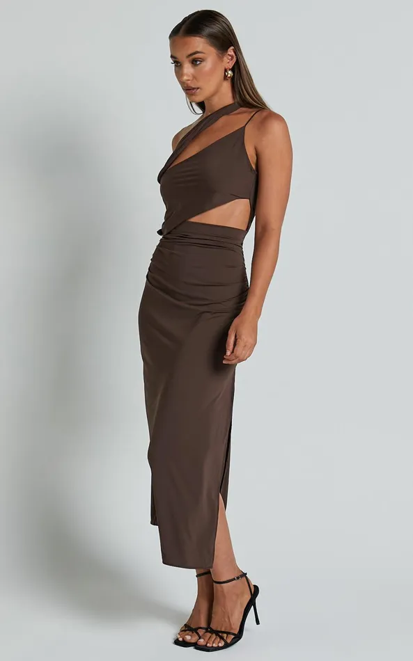 Showpo Erizha Midi Dress 8211 One Shoulder Strappy Ruched Slip Dress In Chocolate Women Dresses