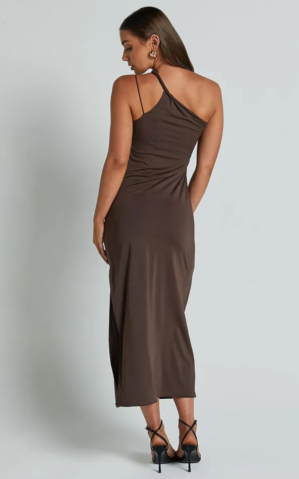 Showpo Erizha Midi Dress 8211 One Shoulder Strappy Ruched Slip Dress In Chocolate Women Dresses