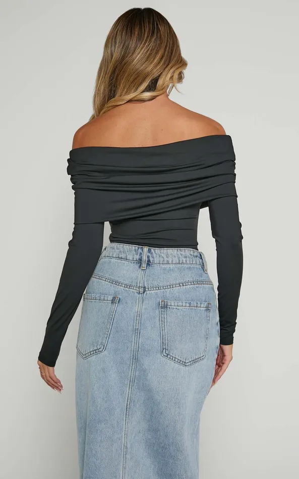 Showpo Ermalen Bodysuit 8211 Folded Off Shoulder Long Sleeve Bodysuit In Black Women Basics