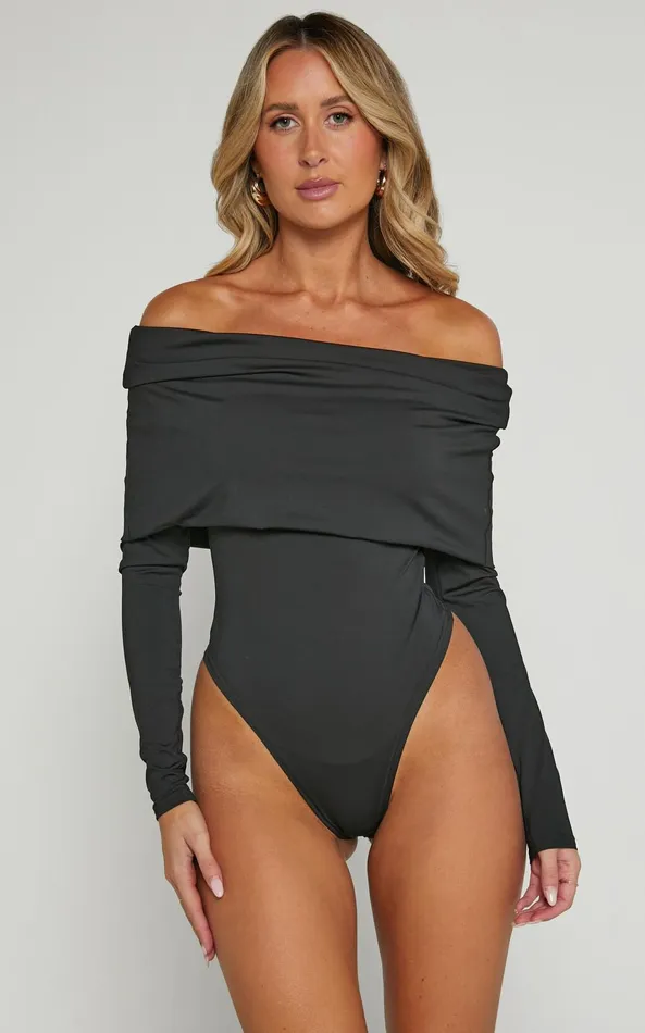 Showpo Ermalen Bodysuit 8211 Folded Off Shoulder Long Sleeve Bodysuit In Black Women Basics