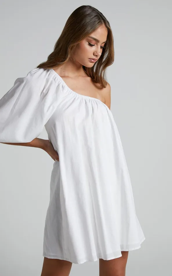 Showpo Estella Mini Dress 8211 One Shoulder Puff Sleeve Shift Dress In White Women Curve Clothes