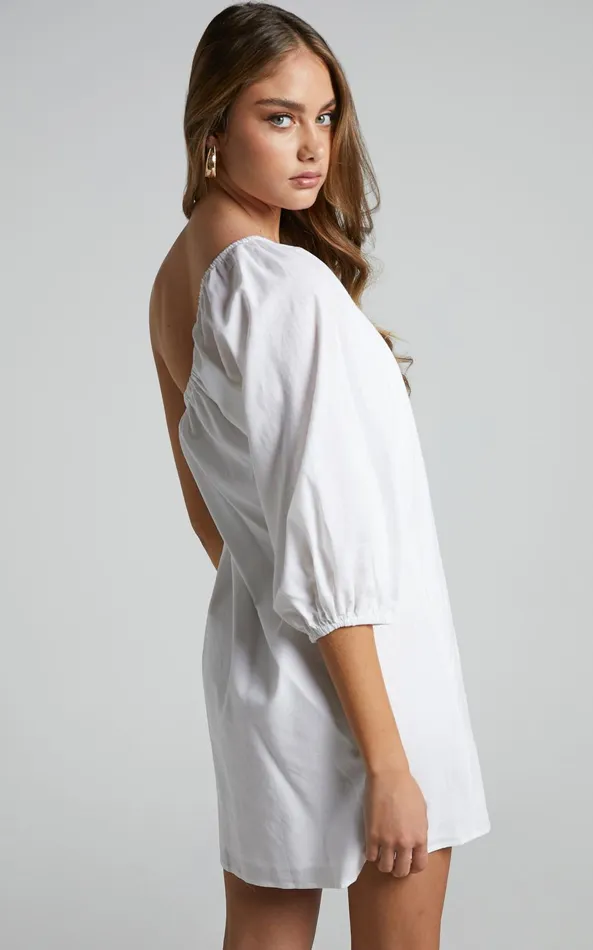 Showpo Estella Mini Dress 8211 One Shoulder Puff Sleeve Shift Dress In White Women Curve Clothes