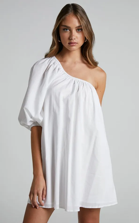 Showpo Estella Mini Dress 8211 One Shoulder Puff Sleeve Shift Dress In White Women Curve Clothes