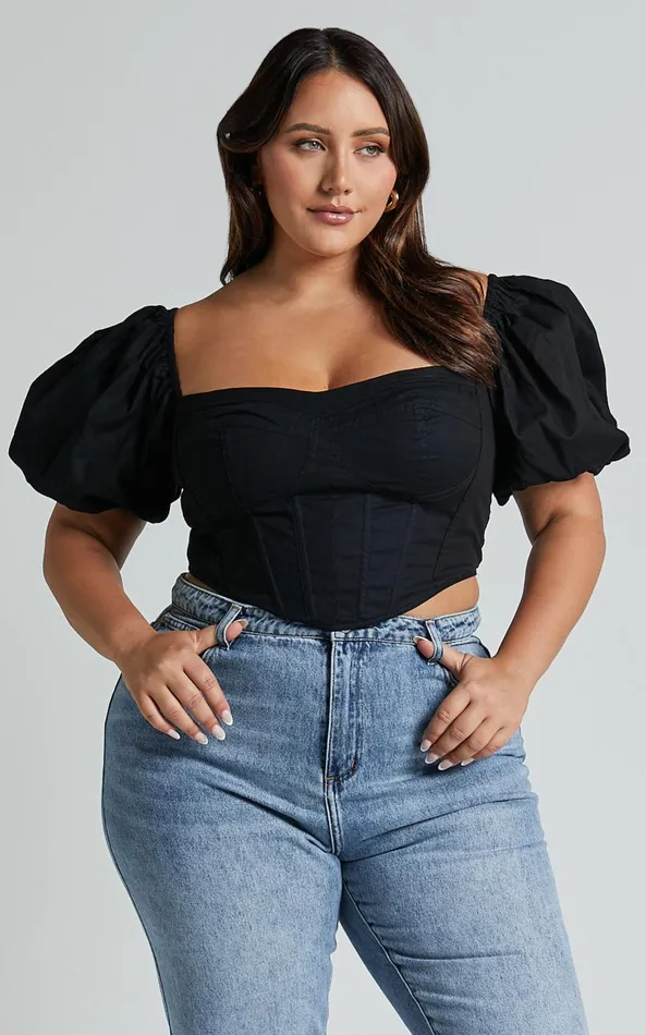 Showpo Estella Top 8211 Puff Sleeve Corset Bustier Top In Black Women Curve Clothes