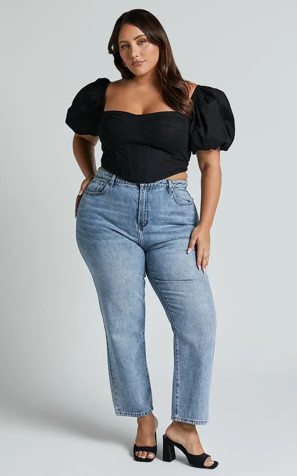 Showpo Estella Top 8211 Puff Sleeve Corset Bustier Top In Black Women Curve Clothes