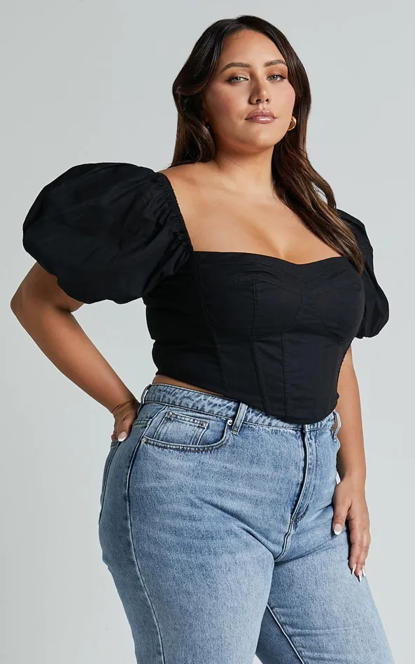 Showpo Estella Top 8211 Puff Sleeve Corset Bustier Top In Black Women Curve Clothes