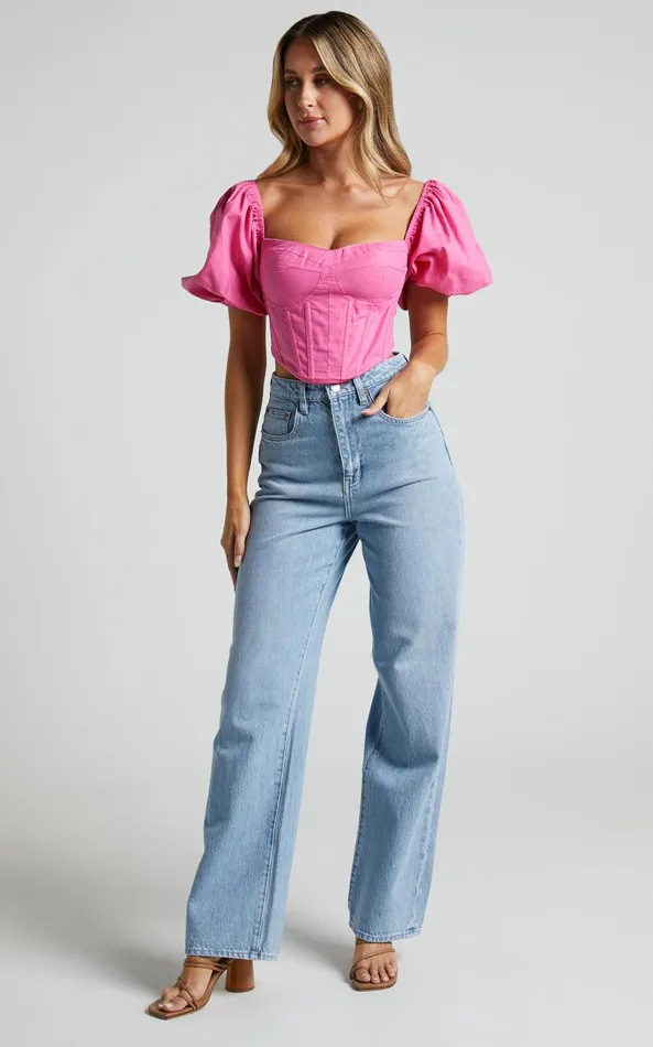 Showpo Estella Top 8211 Puff Sleeve Corset Bustier Top In Pink Women Curve Clothes
