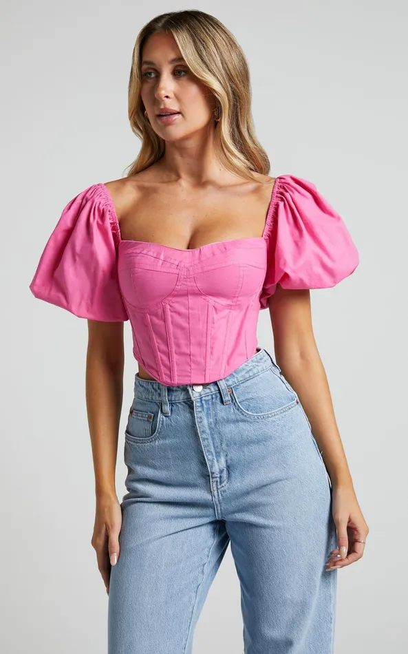 Showpo Estella Top 8211 Puff Sleeve Corset Bustier Top In Pink Women Curve Clothes