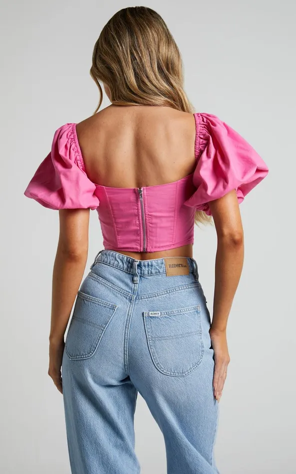 Showpo Estella Top 8211 Puff Sleeve Corset Bustier Top In Pink Women Curve Clothes