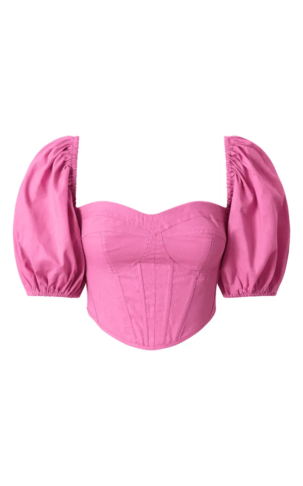 Showpo Estella Top 8211 Puff Sleeve Corset Bustier Top In Pink Women Curve Clothes