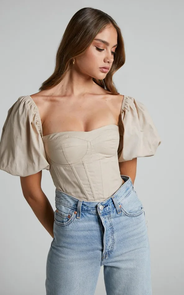 Showpo Estella Top 8211 Puff Sleeve Corset Bustier Top In Sand Women Curve Clothes Showpo Estella Top 8211 Puff Sleeve Corset Bustier Top In Sand Women Curve Clothes