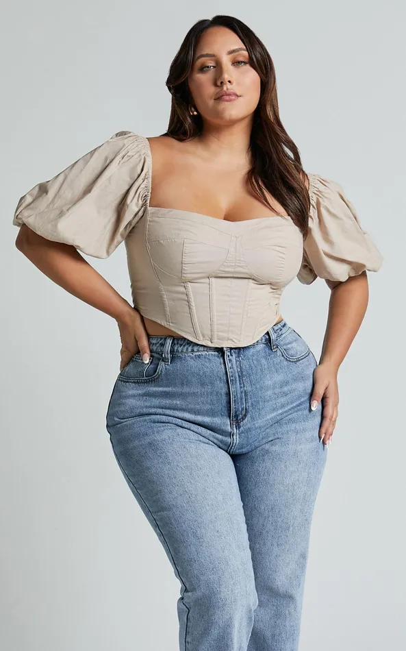 Showpo Estella Top 8211 Puff Sleeve Corset Bustier Top In Sand Women Curve Clothes