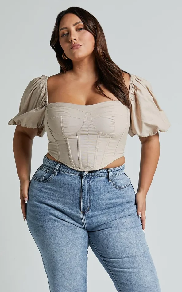 Showpo Estella Top 8211 Puff Sleeve Corset Bustier Top In Sand Women Curve Clothes