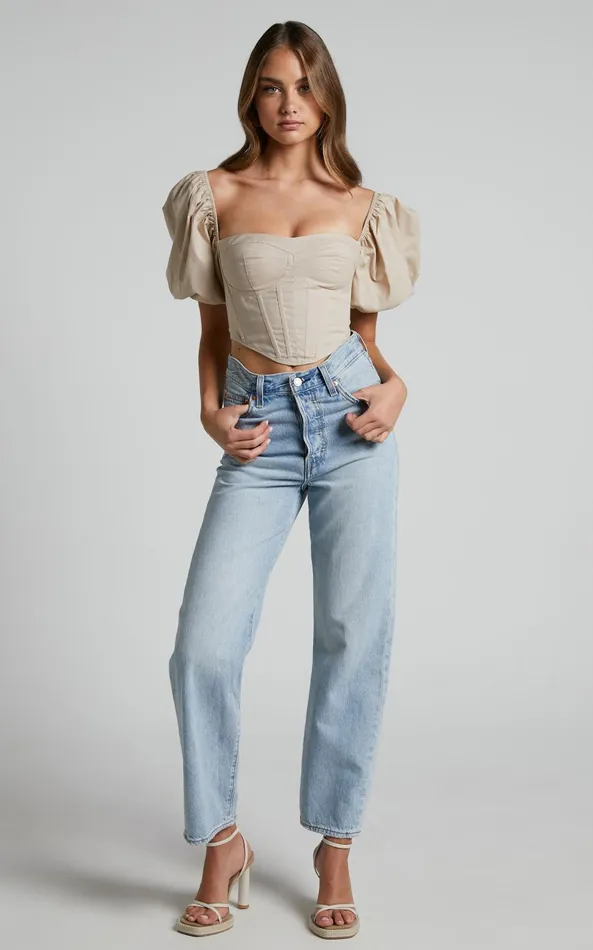 Showpo Estella Top 8211 Puff Sleeve Corset Bustier Top In Sand Women Curve Clothes