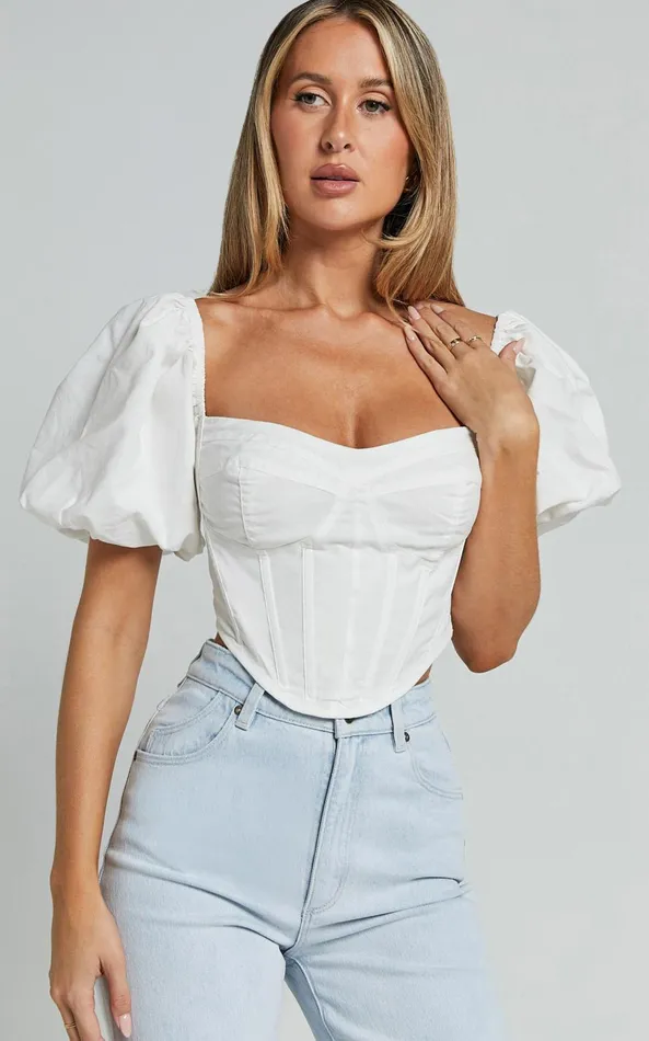 Showpo Estella Top 8211 Puff Sleeve Corset Bustier Top In White Women Tops