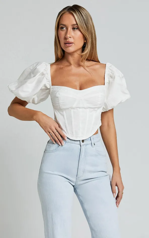 Showpo Estella Top 8211 Puff Sleeve Corset Bustier Top In White Women Tops