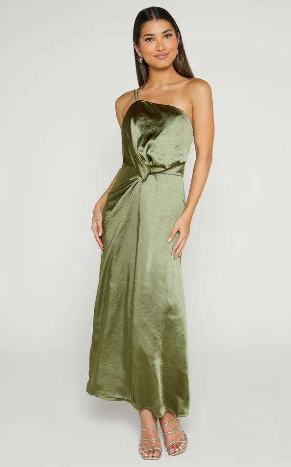 Showpo Estelle Midi Dress 8211 One Shoulder Thigh Split Dress In Olive Women Dresses