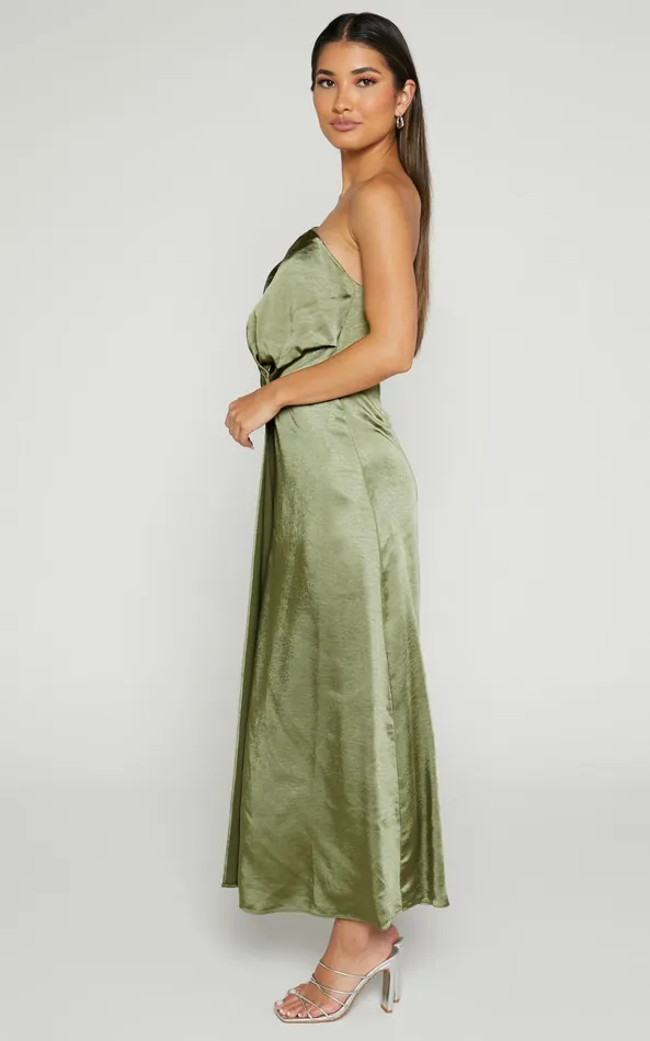 Showpo Estelle Midi Dress 8211 One Shoulder Thigh Split Dress In Olive Women Dresses