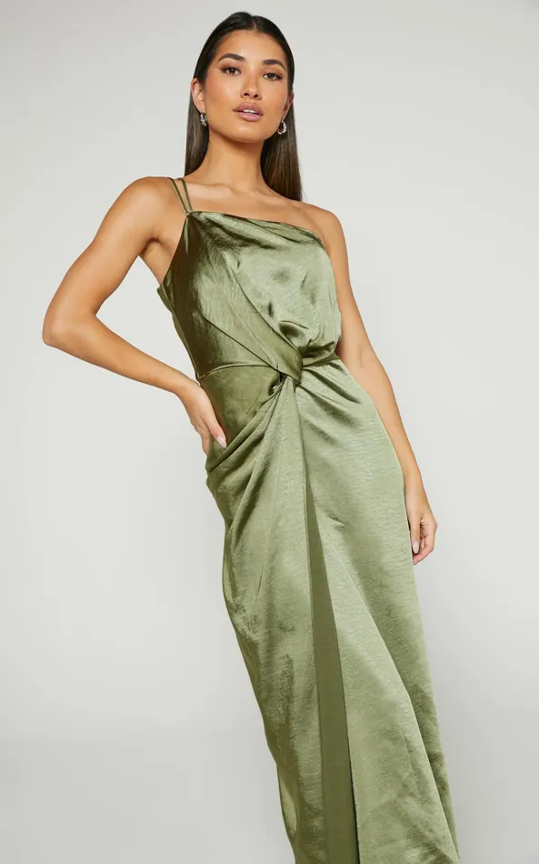 Showpo Estelle Midi Dress 8211 One Shoulder Thigh Split Dress In Olive Women Dresses