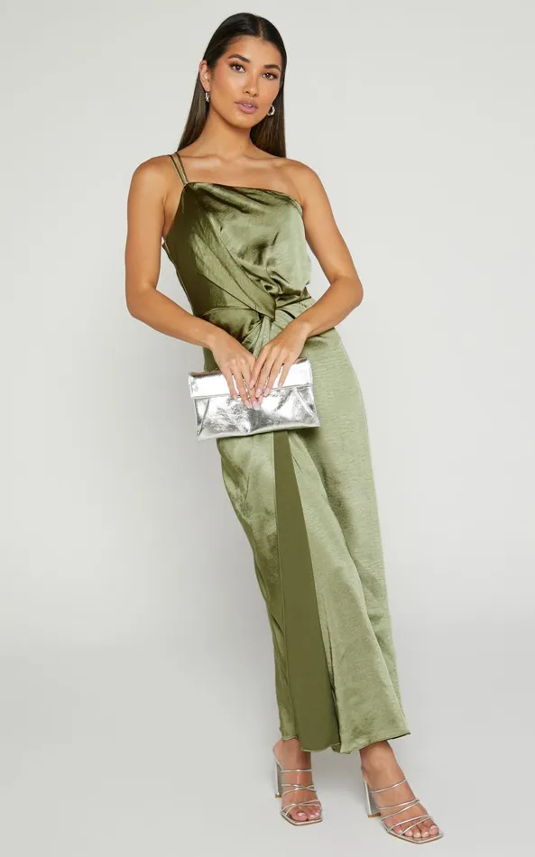 Showpo Estelle Midi Dress 8211 One Shoulder Thigh Split Dress In Olive Women Dresses