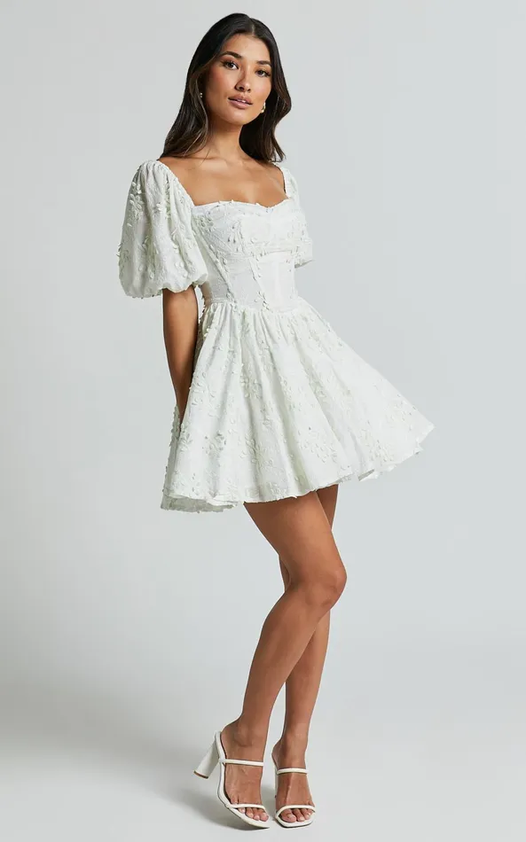 Showpo Esthela Mini Dress 8211 Embroidered Square Neck Short Puff Sleeve Corset In Pale Mint Women Dresses
