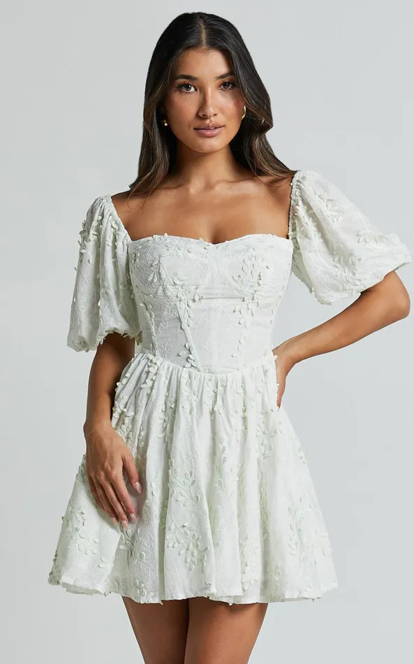 Showpo Esthela Mini Dress 8211 Embroidered Square Neck Short Puff Sleeve Corset In Pale Mint Women Dresses