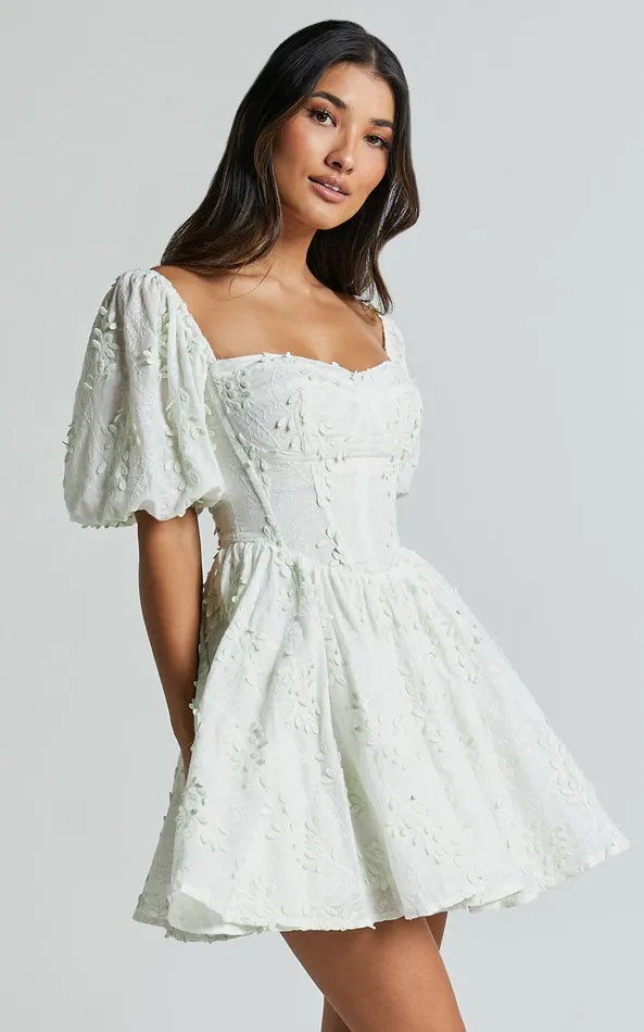 Showpo Esthela Mini Dress 8211 Embroidered Square Neck Short Puff Sleeve Corset In Pale Mint Women Dresses