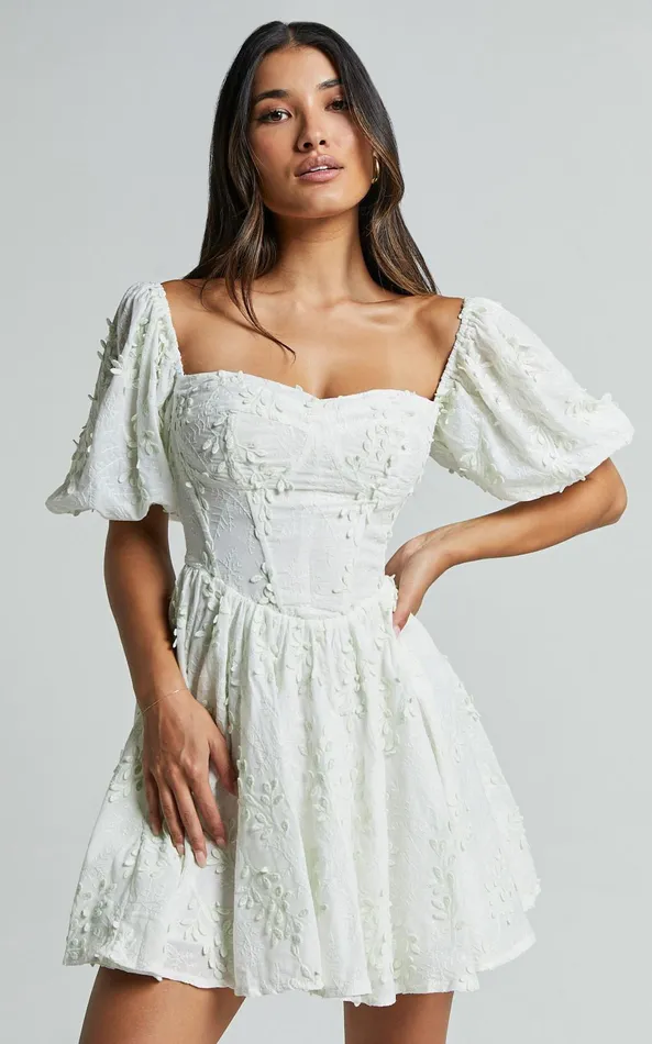 Showpo Esthela Mini Dress 8211 Embroidered Square Neck Short Puff Sleeve Corset In Pale Mint Women Dresses