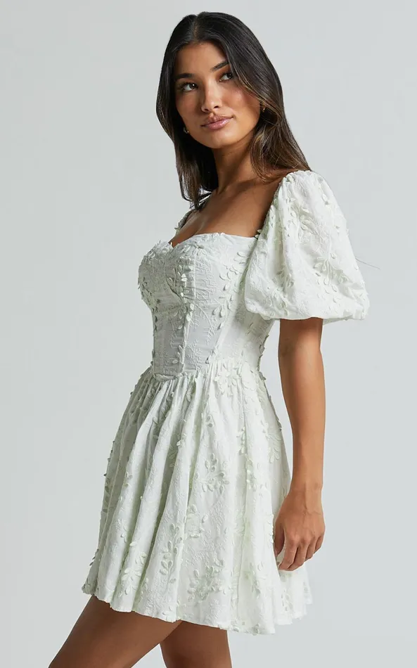 Showpo Esthela Mini Dress 8211 Embroidered Square Neck Short Puff Sleeve Corset In Pale Mint Women Dresses