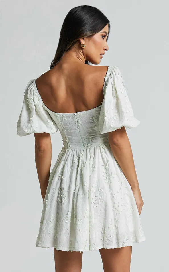 Showpo Esthela Mini Dress 8211 Embroidered Square Neck Short Puff Sleeve Corset In Pale Mint Women Dresses