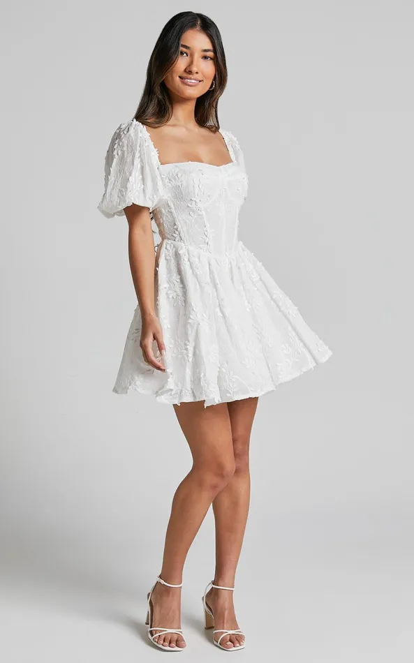 Showpo Esthela Mini Dress 8211 Embroidered Square Neck Short Puff Sleeve Corset In White Floral Women Dresses